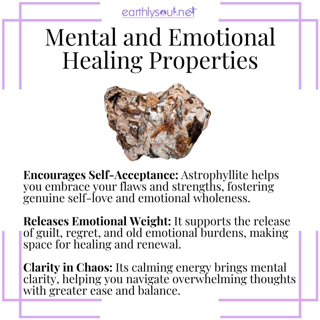 Astrophyllite mental and emotional healing properties – a supportive crystal that encourages self-acceptance, emotional release, and mental clarity.