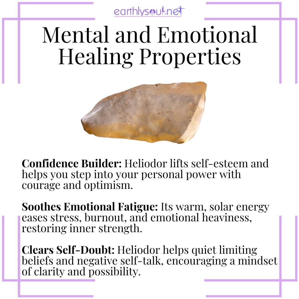 Heliodor mental and emotional healing properties – a confidence-boosting crystal that eases emotional fatigue, clears self-doubt, and restores inner strength.