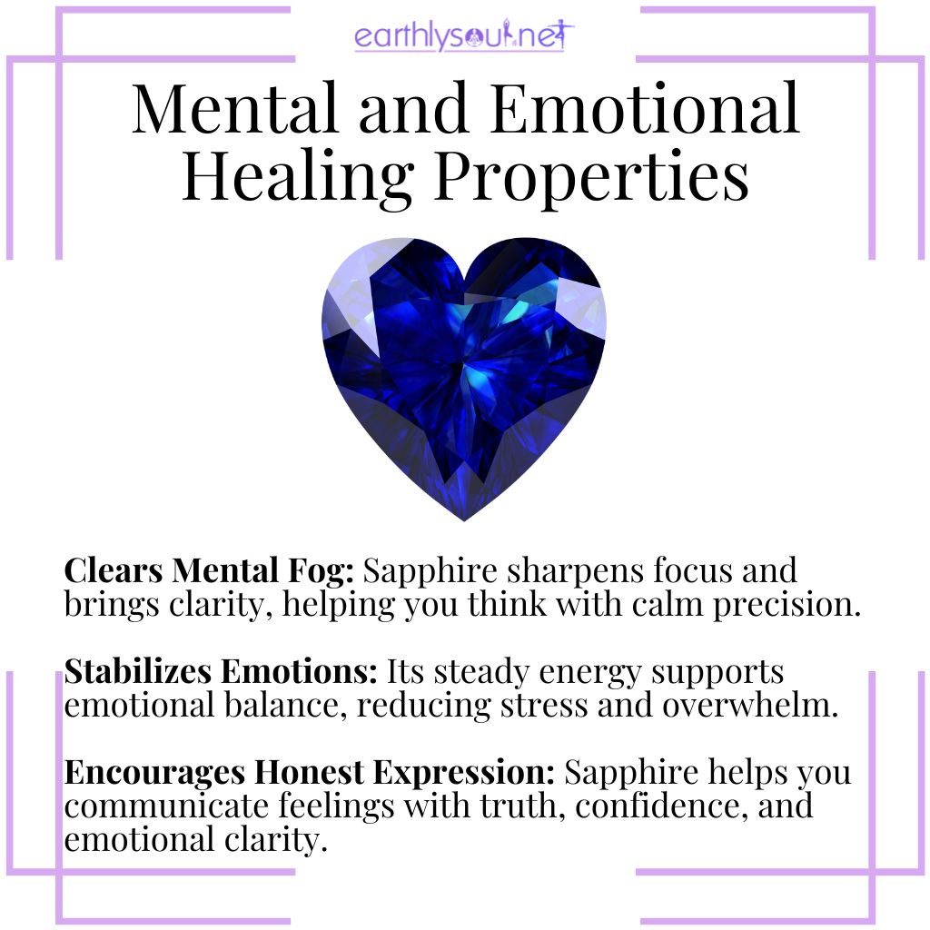 Sapphire mental and emotional healing properties – a clarity crystal that sharpens focus, stabilizes emotions, and supports honest expression.