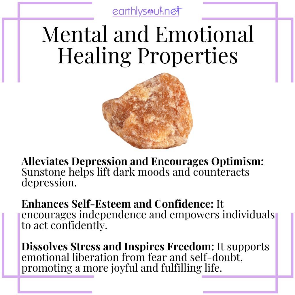 Sunstone enhances mental health by alleviating depression, boosting confidence, and dissolving stress.