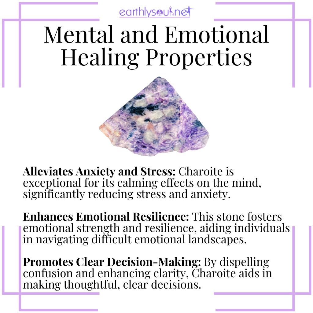 Charoite promotes mental calm, enhances emotional resilience, and supports clear decision-making.