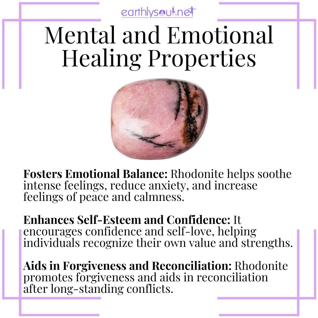 Rhodonite promotes emotional balance, enhances self-esteem, and aids in forgiveness and reconciliation.