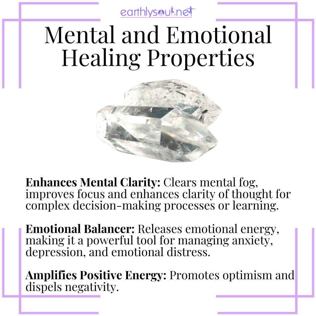 Clear quartz properties for enhancing mental clarity, balancing emotions, and amplifying positive energy.