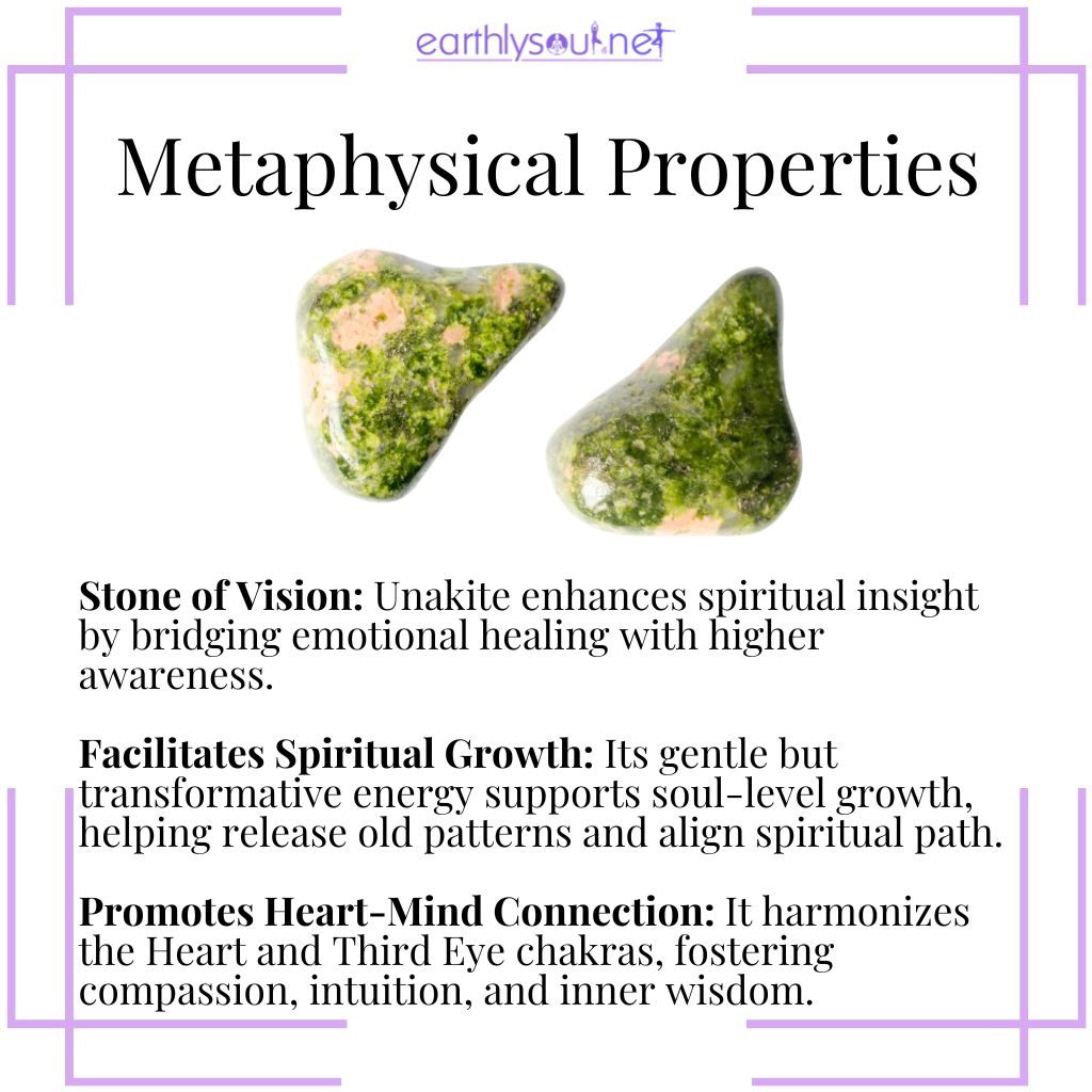 Unakite crystal enhancing intuition, spiritual growth, and heart-mind connection through gentle transformative energy