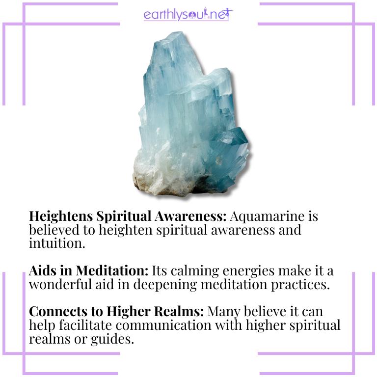 Aquamarine crystals illustrating metaphysical properties: heightening spiritual awareness, aiding in meditation, and facilitating connections with higher realms