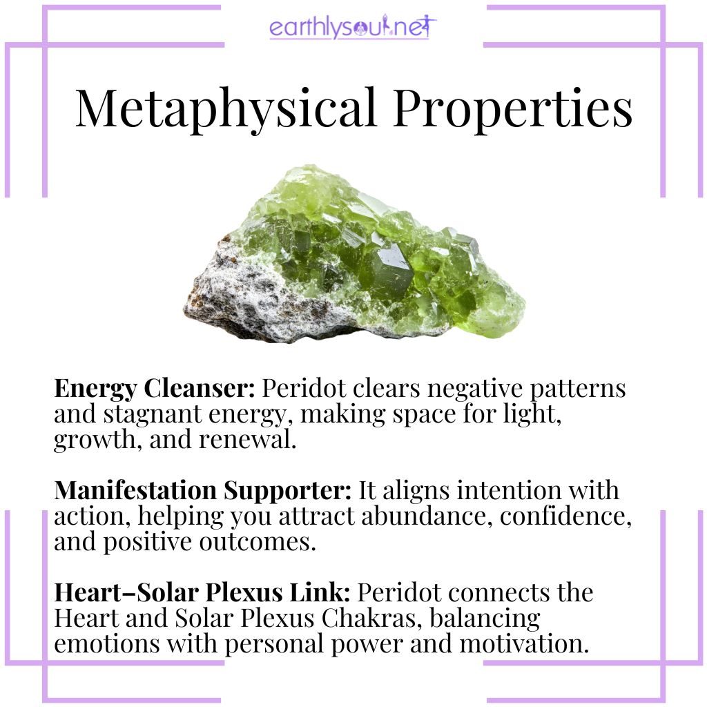 Metaphysical properties of peridot – a cleansing crystal that supports manifestation, emotional balance, and personal empowerment.