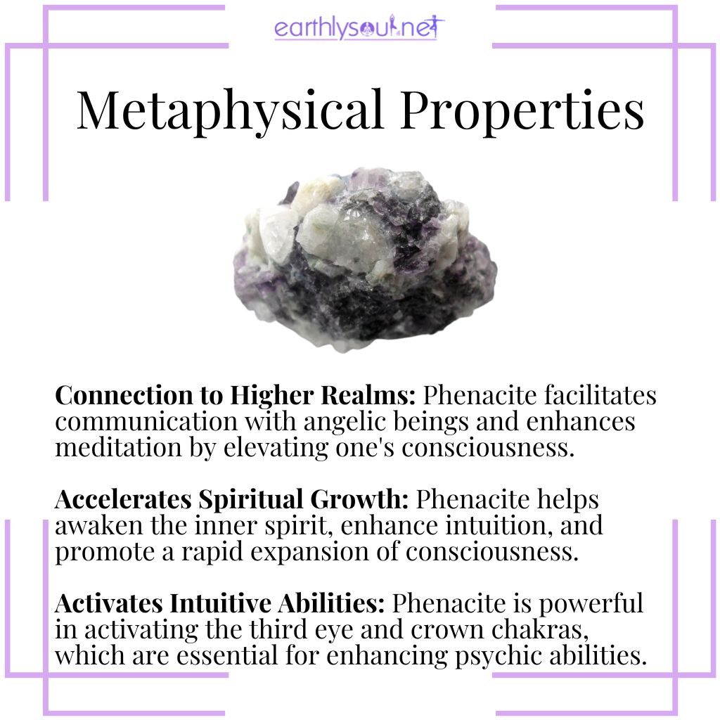 Phenacite connects to higher realms, accelerates spiritual growth, and activates intuitive abilities.