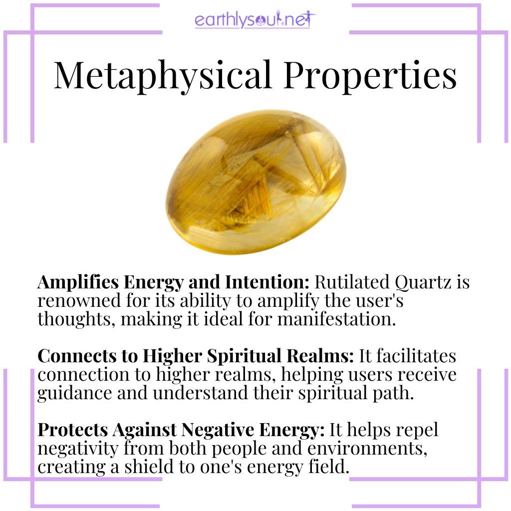 Rutilated quartz amplifies energy, connects to higher spiritual realms, and protects against negative energies.