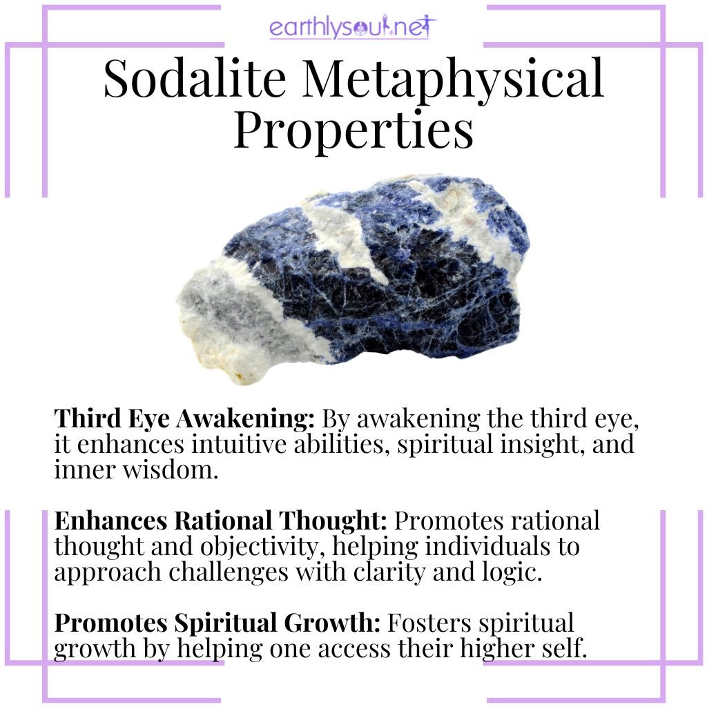 Sodalite metaphysical properties for third eye awakening, rational thought, and spiritual growth.