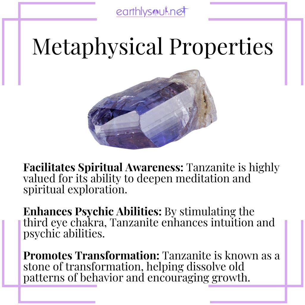 Tanzanite enhances spiritual awareness, boosts psychic abilities, and promotes personal transformation.