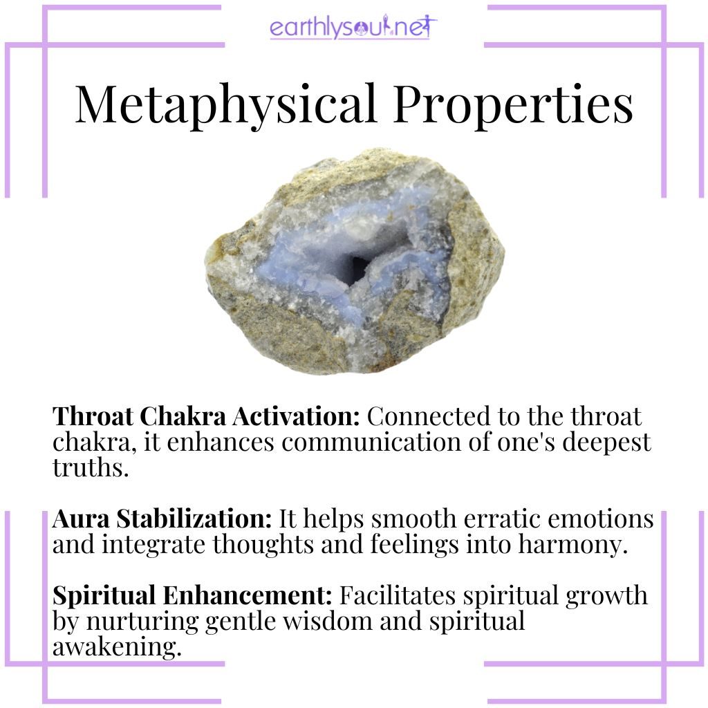Blue lace agate's metaphysical properties for throat chakra activation, aura stabilization, and spiritual enhancement.