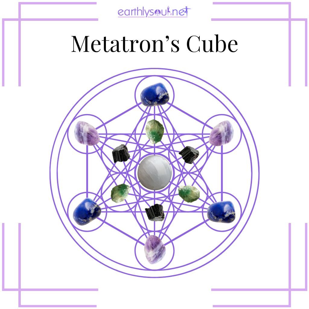 Metatron's cube geometric crystal pattern, featuring interconnected circles and lines, representing balance, energy flow, and divine structure.