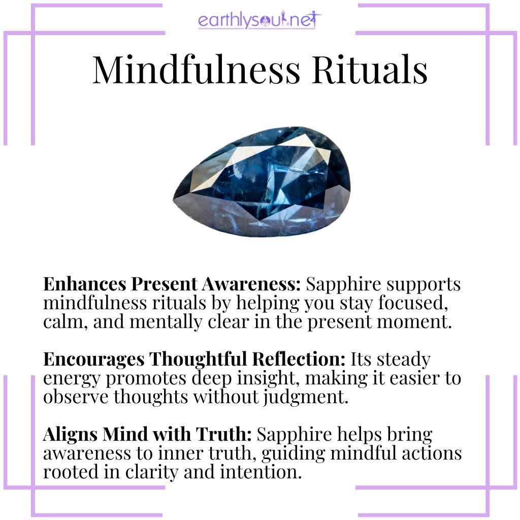 Mindfulness rituals with sapphire – a clarity crystal that enhances focus, supports reflection, and aligns awareness with inner truth.