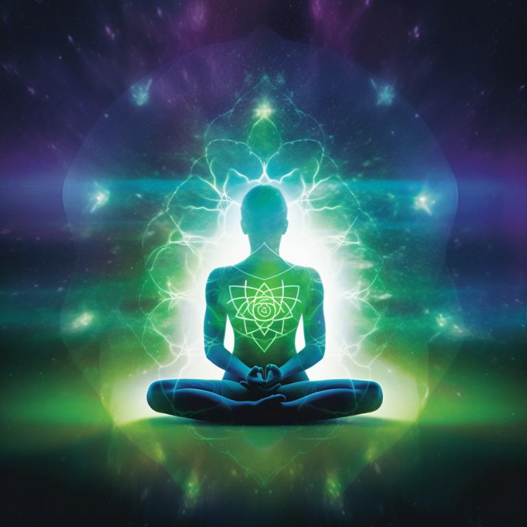 Meditating human silhouette with highlighted chakras connected with moldavite stone aura