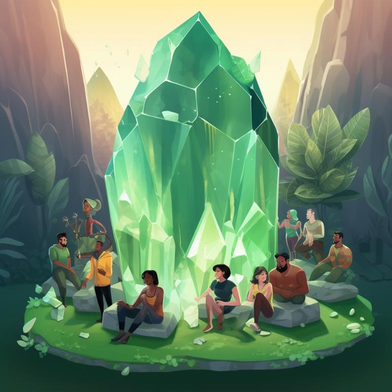 Digital art of people talking whilst sitting round a large moldavite crystal
