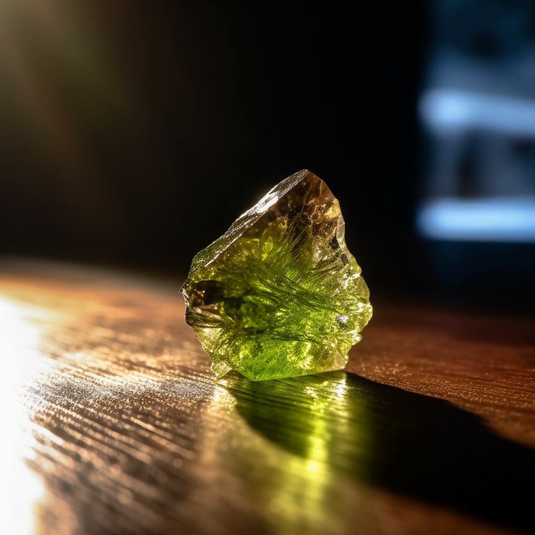 Radiant moldavite crystal on a table trying to represent its intense healing power