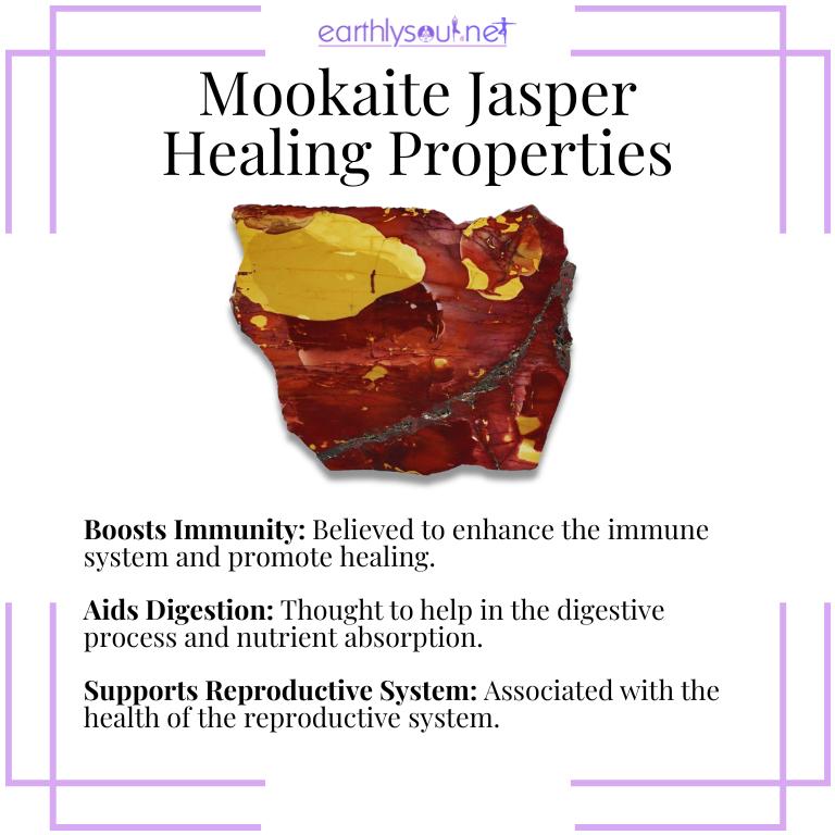 Mookaite jasper crystals illustrating physical healing properties: boosting immunity, aiding digestion, and supporting the reproductive system