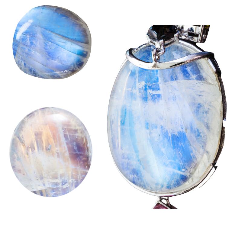 2 moonstone crystal of different shades and a moonstone pendant