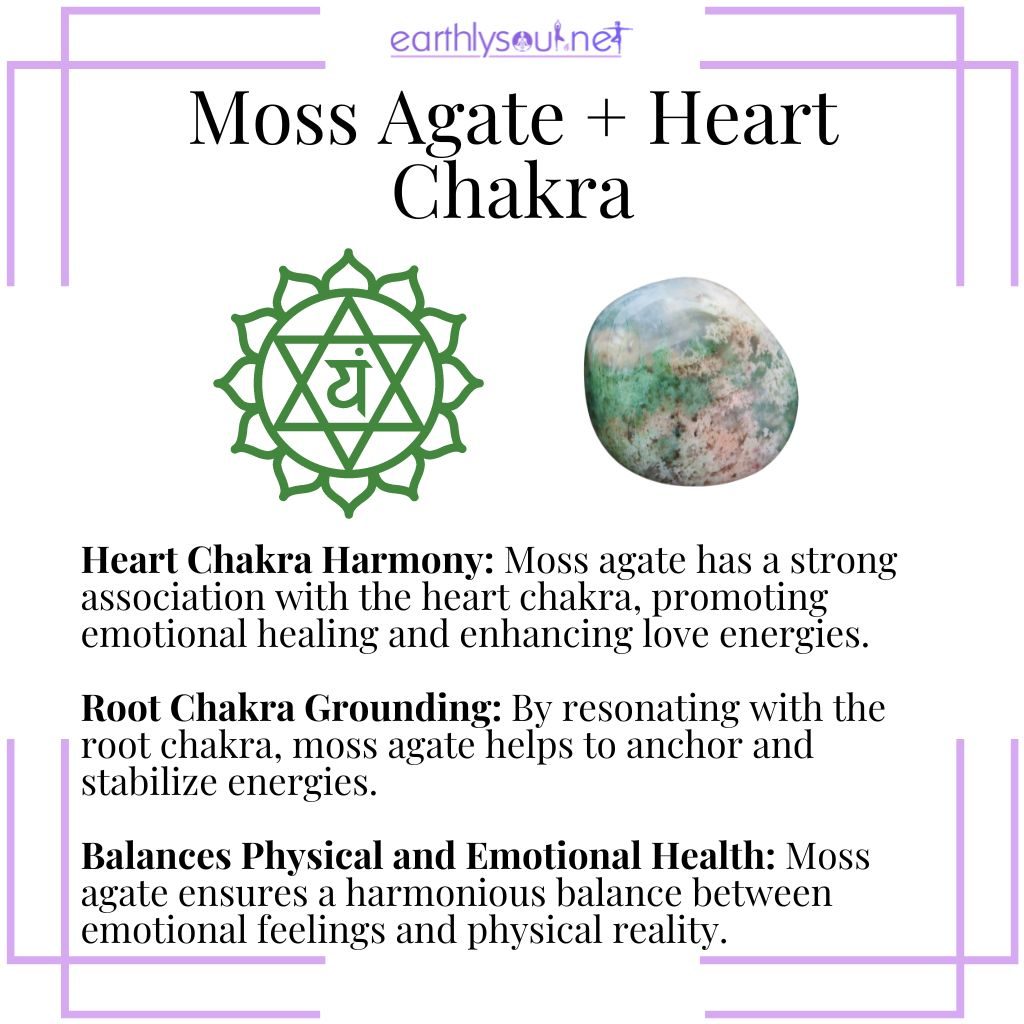 Moss agate harmonizes the heart chakra, grounds through the root chakra, and balances physical and emotional health.