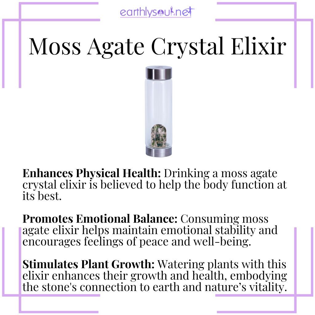Moss agate elixir boosts physical health, promotes emotional balance, and stimulates plant growth.