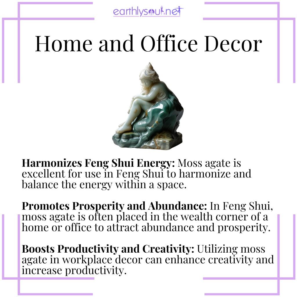 Moss agate decor harmonizes feng shui energy, promotes prosperity, and boosts productivity and creativity in home and office settings.