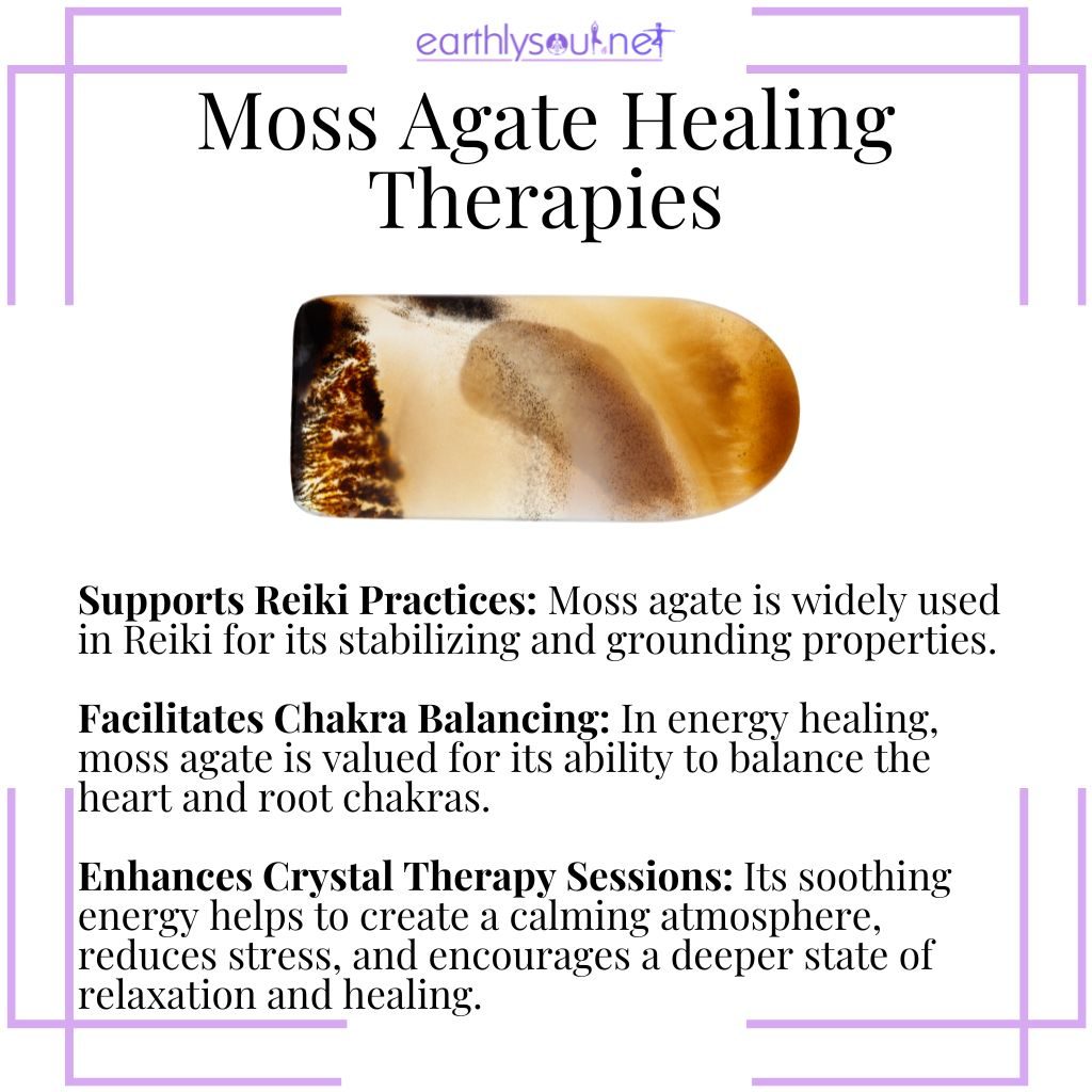 Moss agate aids reiki practices, facilitates chakra balancing, and enhances crystal therapy sessions.