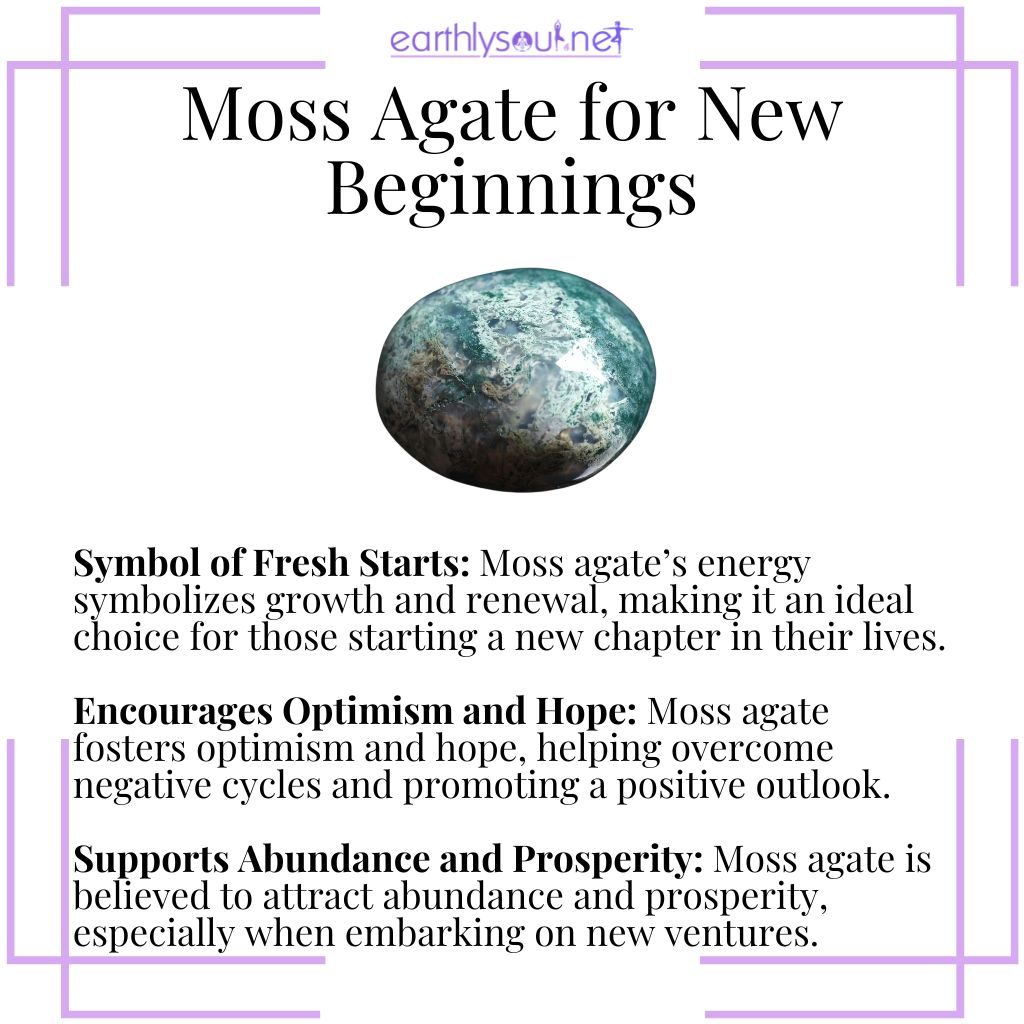 Moss agate symbolizes fresh starts, encourages optimism, and supports abundance in new beginnings.