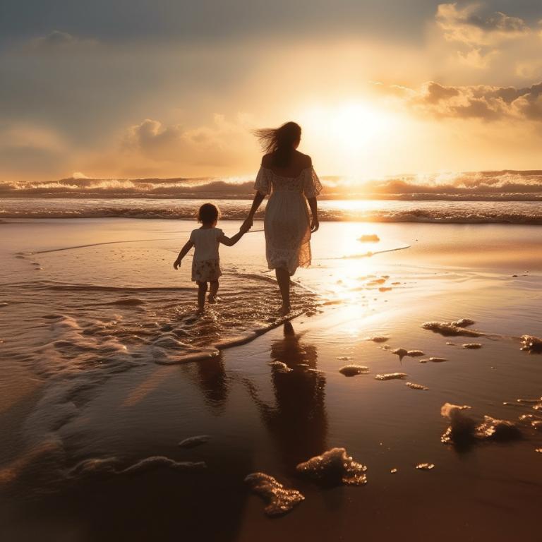 Mother and child walking on beach sunset