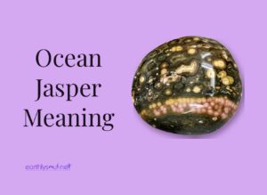 Ocean jasper meaning title beside a polished dark green ocean jasper with cream and pink orbs on a lilac background