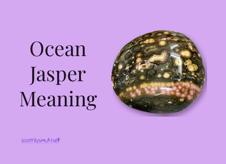 Ocean jasper meaning title beside a polished dark green ocean jasper with cream and pink orbs on a lilac background