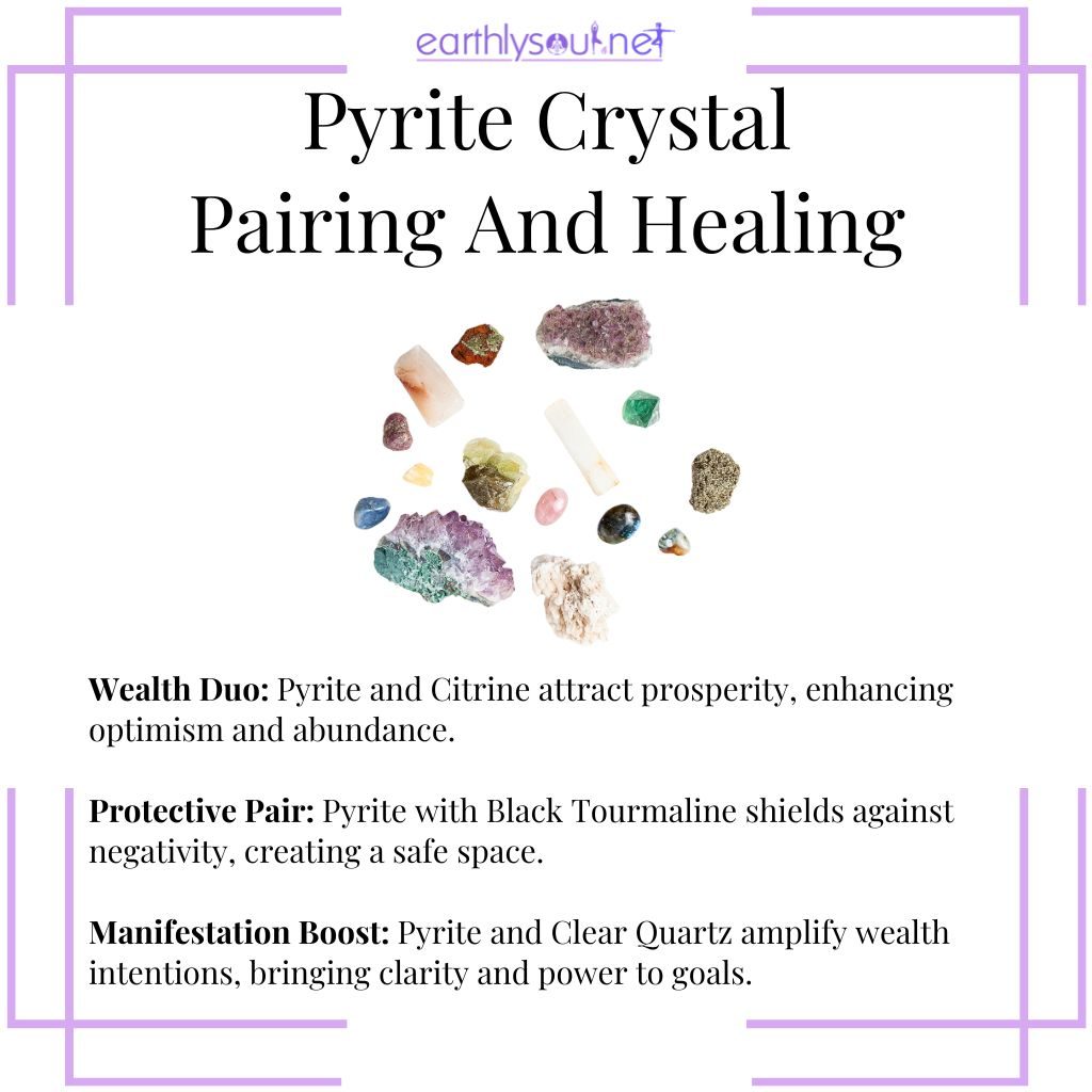 Pyrite with citrine for wealth, black tourmaline for protection, and clear quartz for clarity in crystal healing
