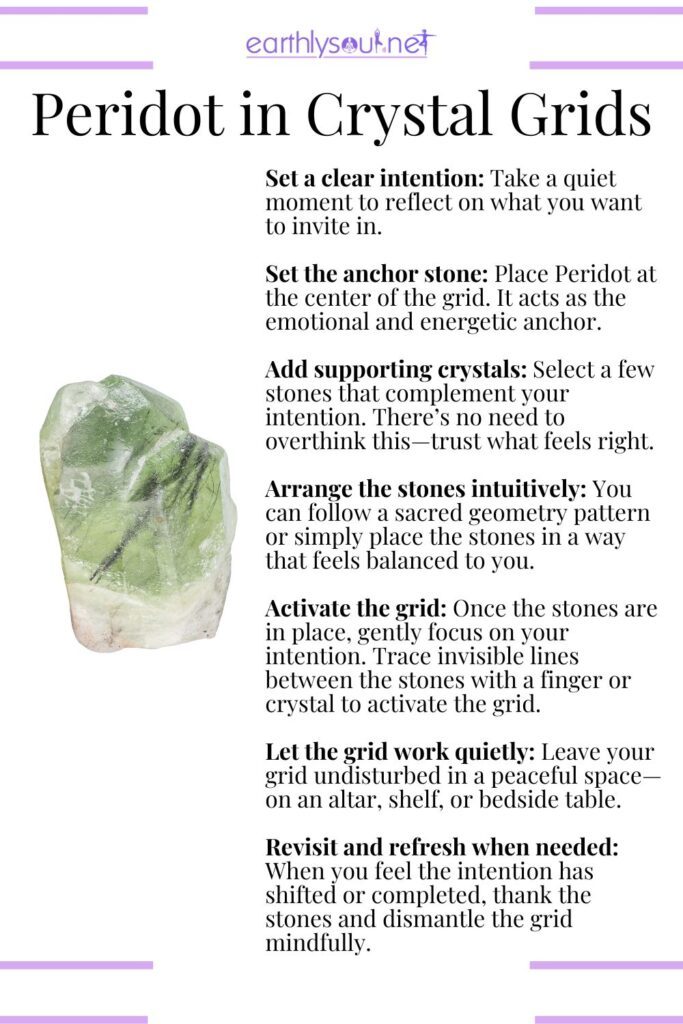 Peridot crystal grid guide – a step-by-step layout for manifestation, emotional healing, and positive energy flow.