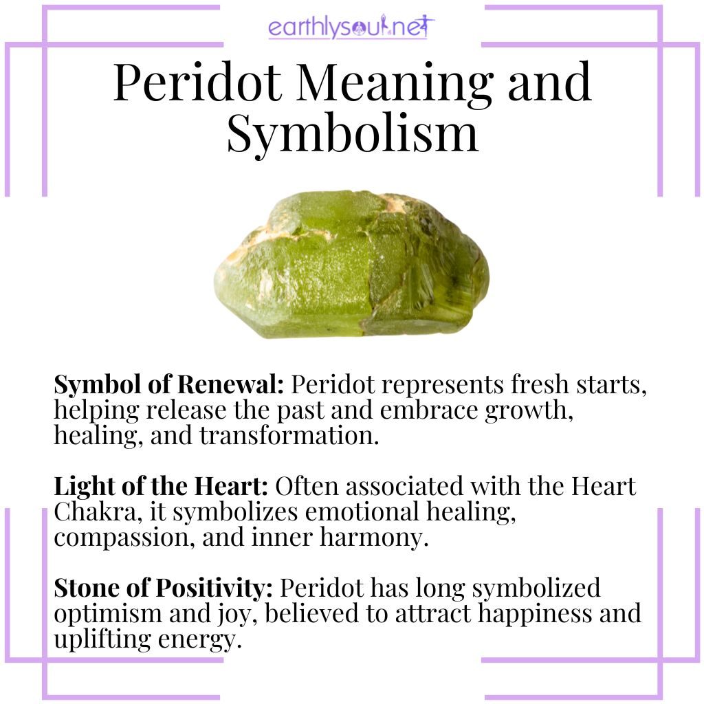 Peridot meaning and symbolism – a heart-centered crystal symbolizing renewal, emotional healing, and positive energy.