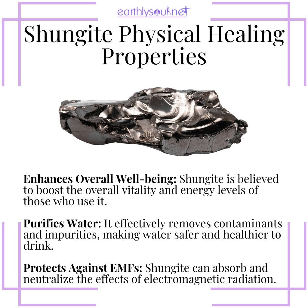 Shungite for enhancing well-being, purifying water, and protecting against electromagnetic fields.