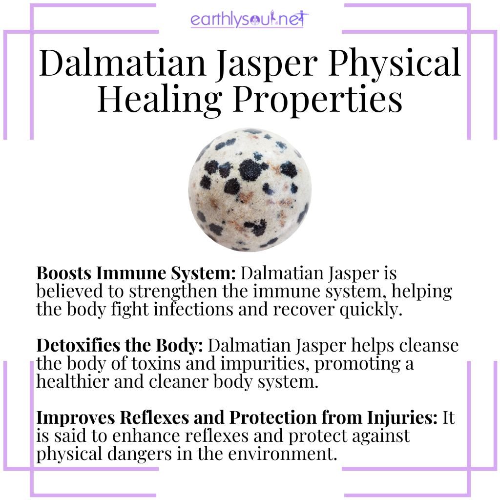 Dalmatian jasper boosts the immune system, detoxifies the body, and improves reflexes for better protection.