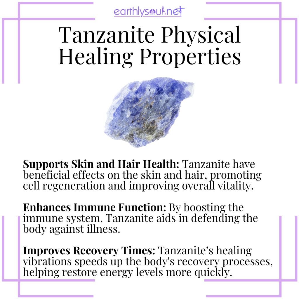 Tanzanite enhances skin and hair health, boosts immune function, and speeds up recovery times for physical healing