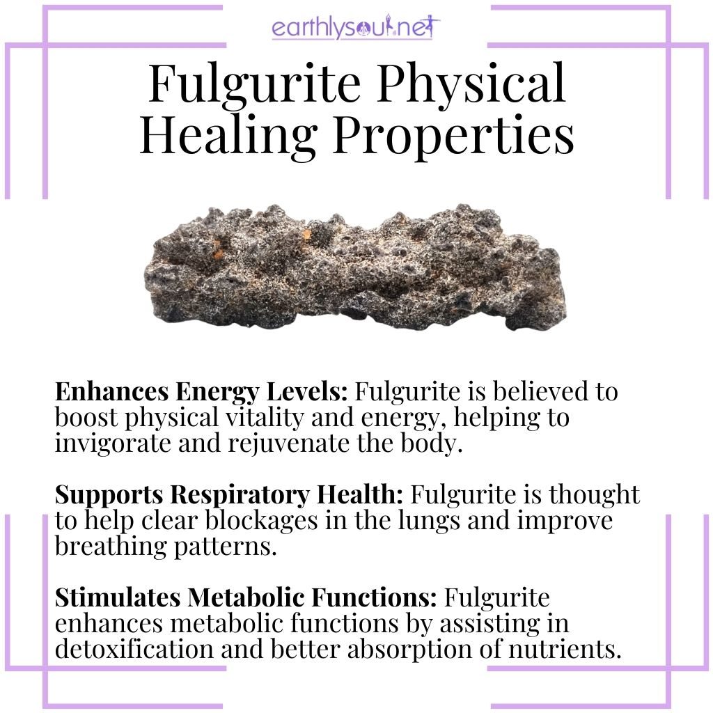 Fulgurite boosts energy levels, supports respiratory health, and stimulates metabolic functions.