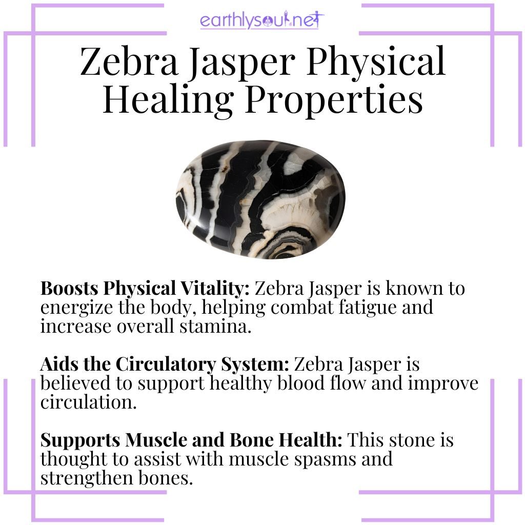 Zebra jasper enhances vitality, supports circulation, and promotes muscle and bone health.
