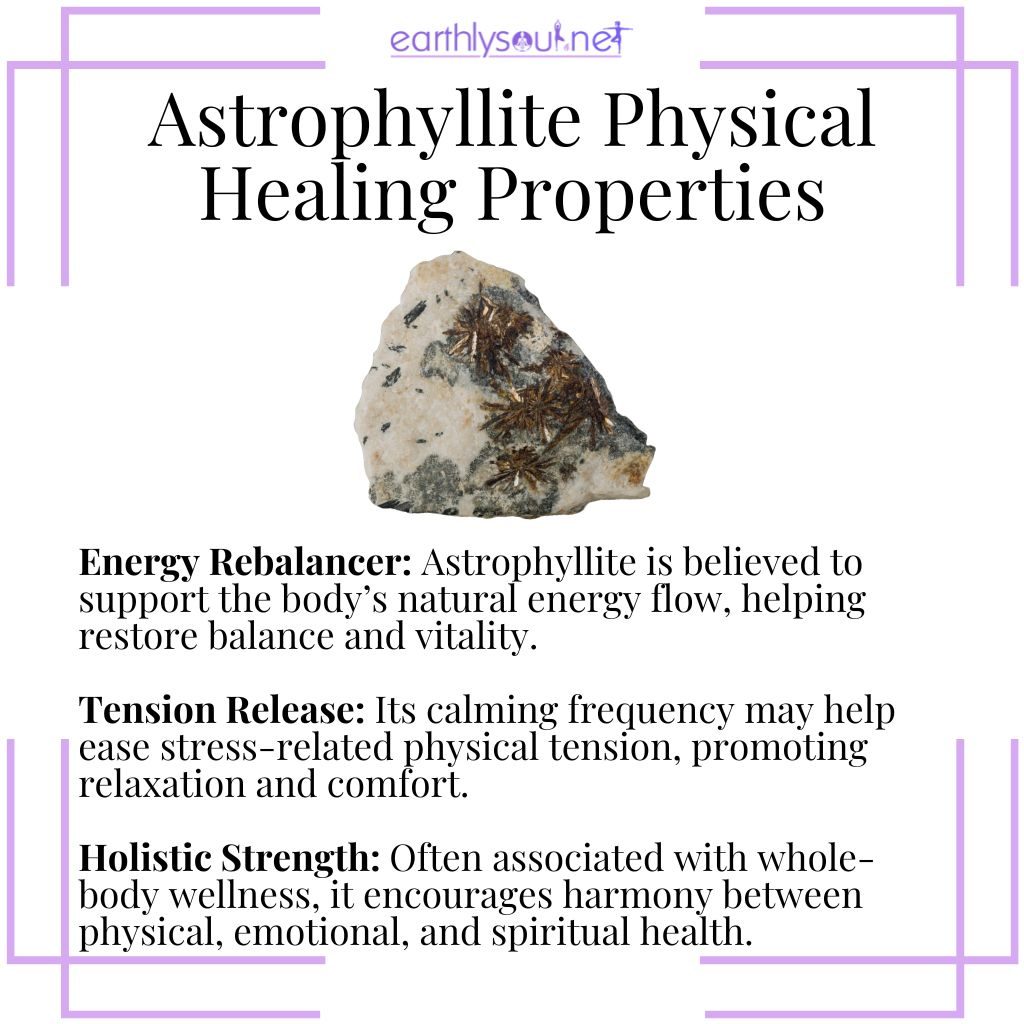 Astrophyllite physical healing properties – a balancing crystal that supports energy flow, relieves tension, and promotes holistic vitality.