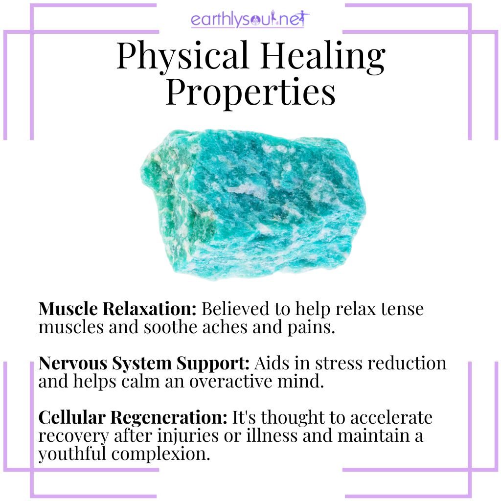 Amazonite for muscle relaxation, nervous system support, and cellular regeneration.