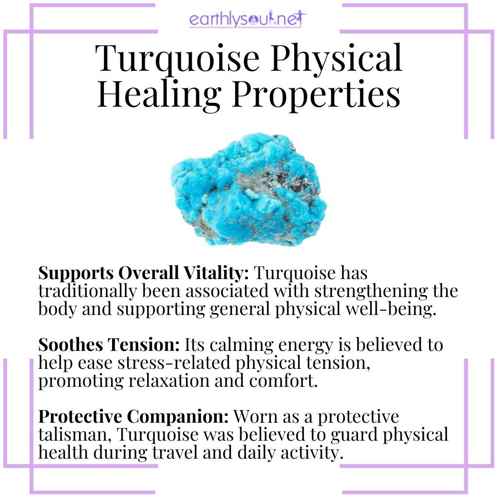 Turquoise physical healing properties – a supportive crystal associated with vitality, tension relief, and physical protection.