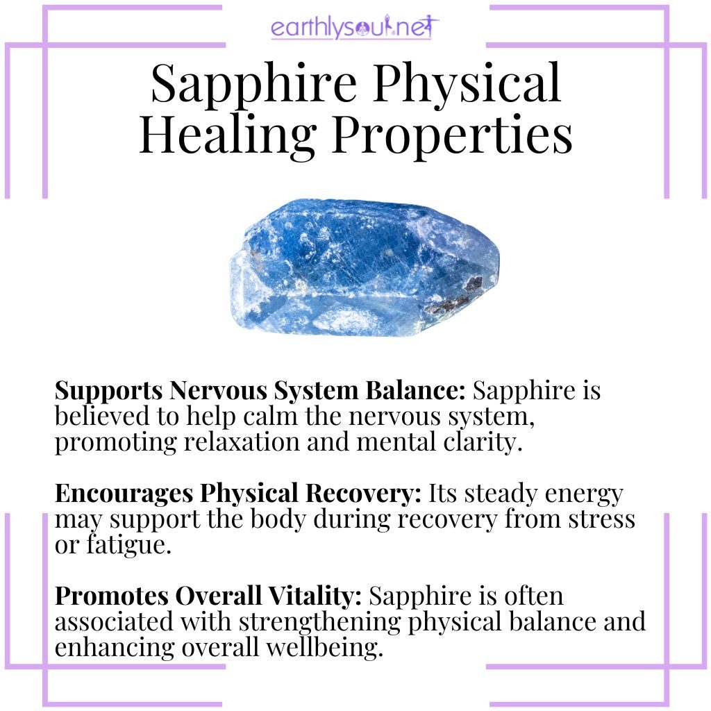 Sapphire physical healing properties – a calming crystal associated with nervous system balance, recovery, and overall vitality.
