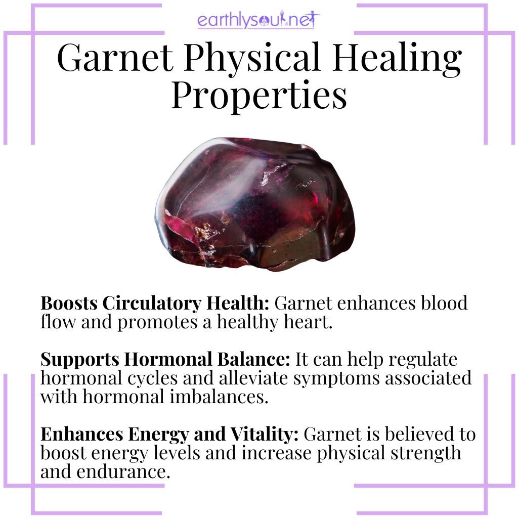 Garnet's physical healing properties include boosting circulatory health, supporting hormonal balance, and enhancing energy and vitality.