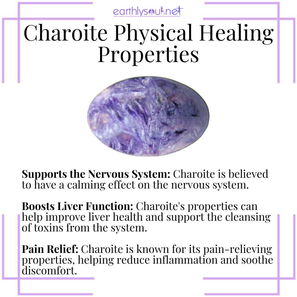 Charoite enhances nervous system health, boosts liver function, and provides pain relief.