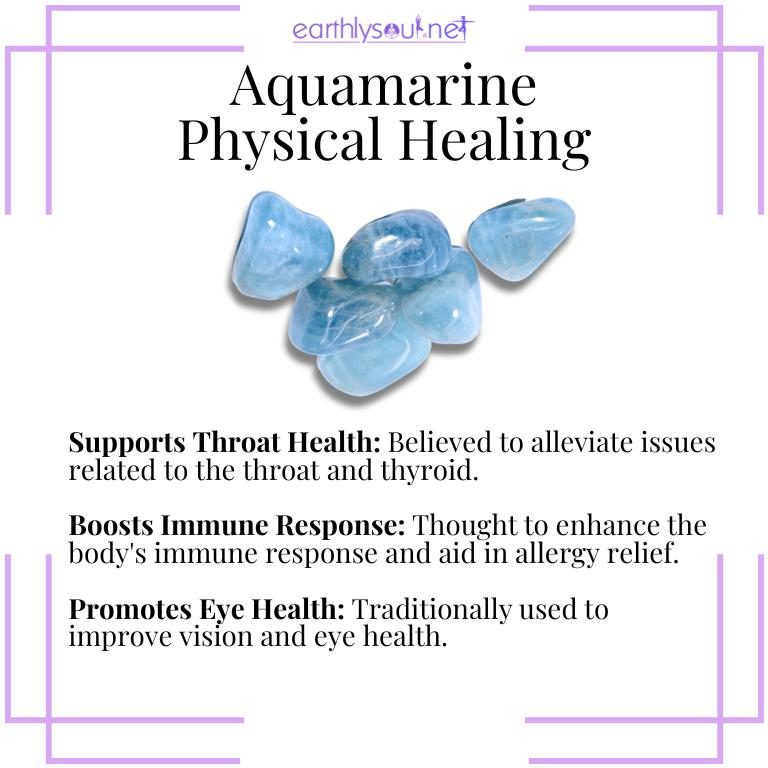 Aquamarine crystals illustrating physical healing properties: supporting throat health, boosting immune response, and promoting eye health