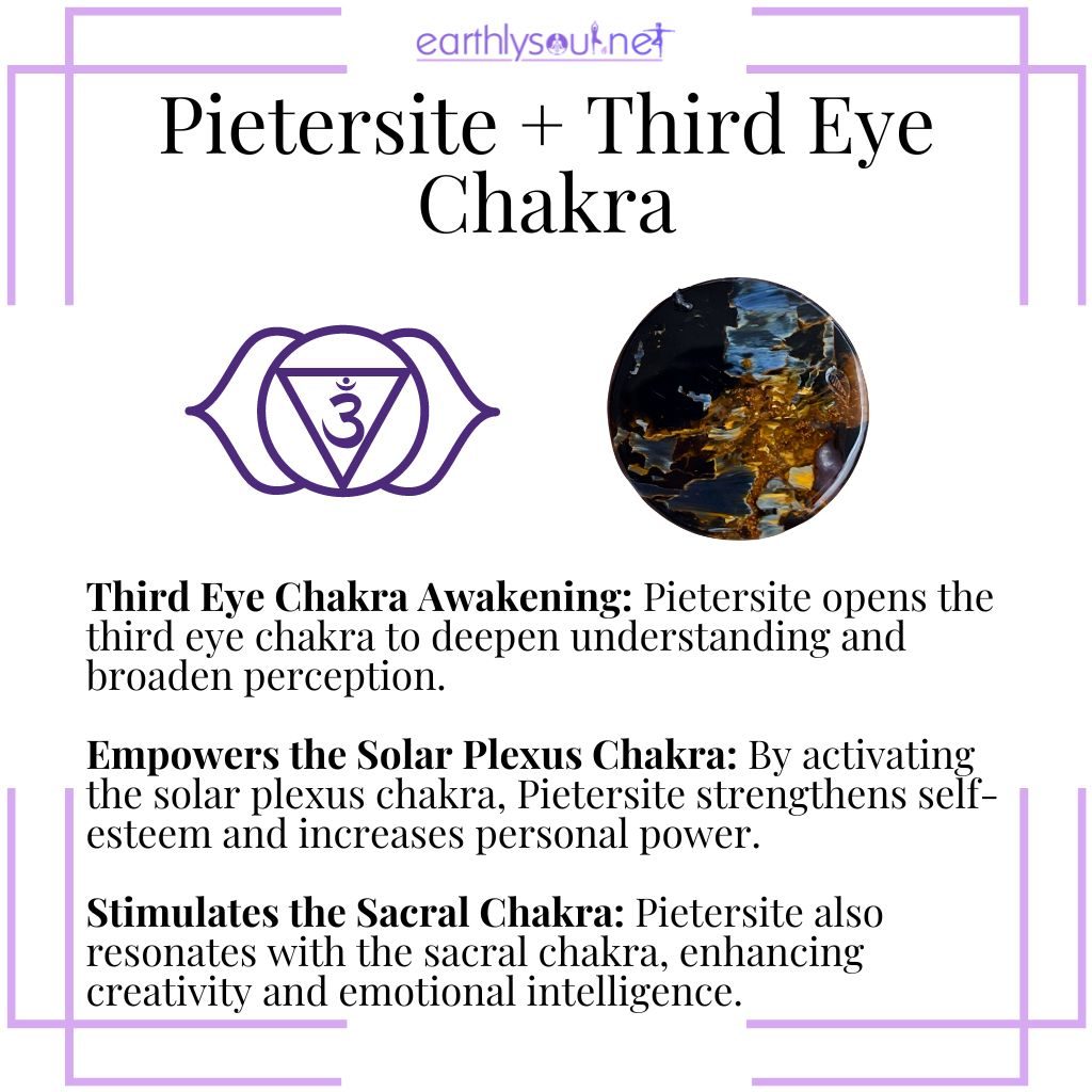 Pietersite stimulates the third eye, empowers the solar plexus, and activates the sacral chakra for enhanced intuition, confidence, and creativity.