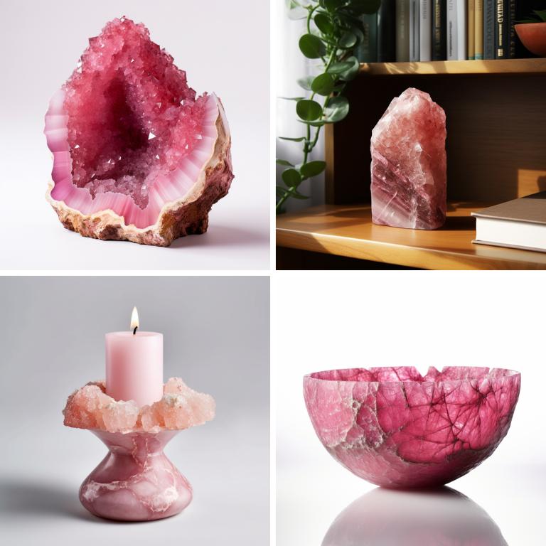 Pink tourmaline home decor photo that includes a geode, bookend, candle holder and a decorative bowl