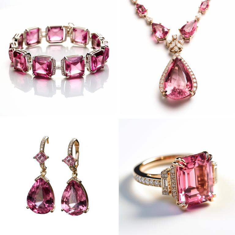 A product photo of pink tourmaline jewelry, bracelet, necklace, earrings and a ring
