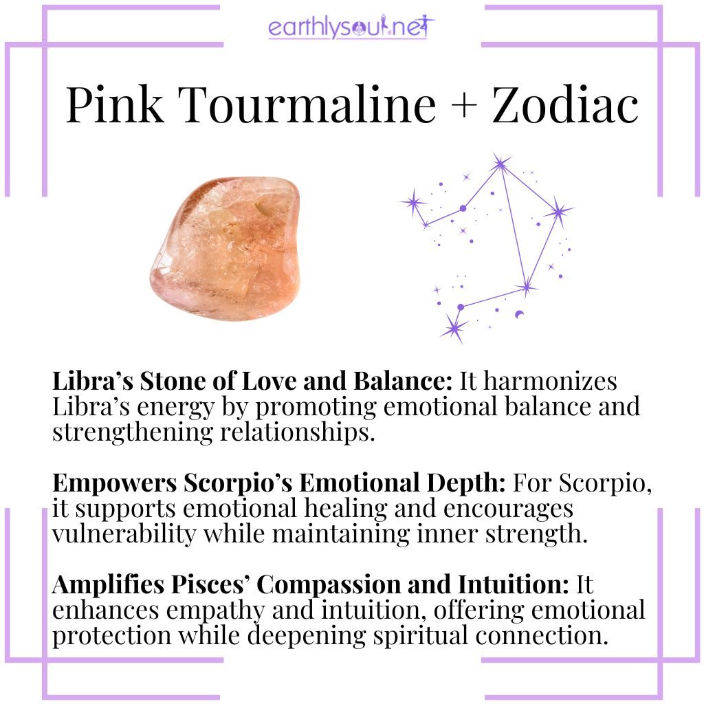 Pink tourmaline zodiac associations with libra, scorpio, and pisces, promoting love, emotional healing, intuition, and spiritual growth