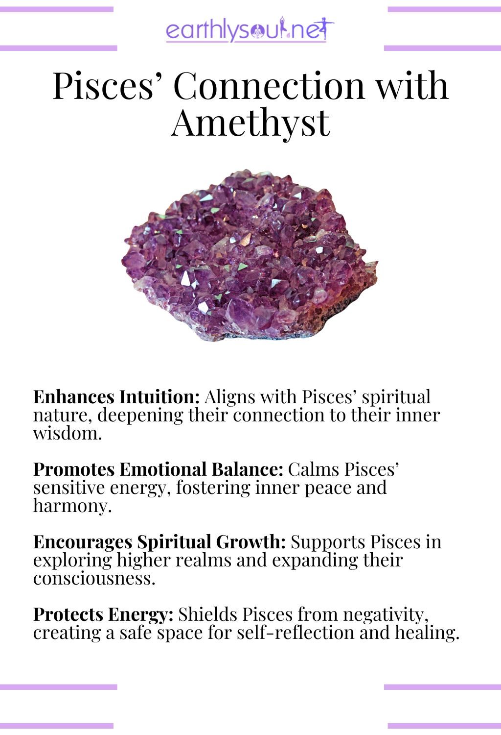 Amethyst crystal, enhancing intuition and promoting emotional balance, ideal for pisces zodiac signs.